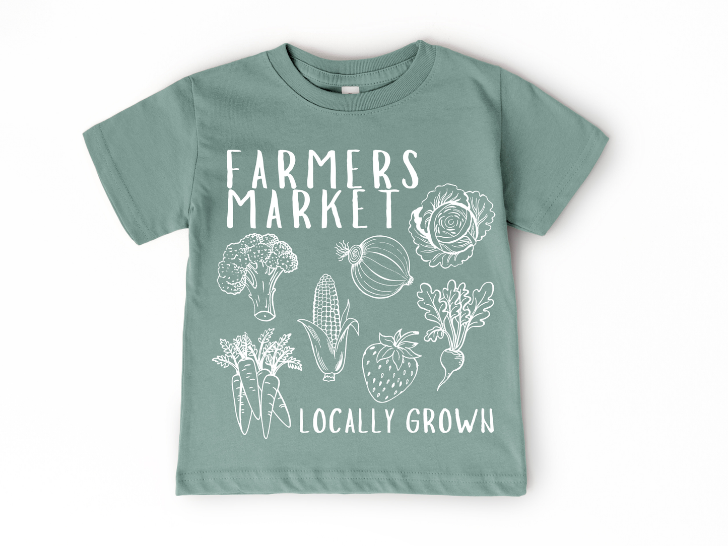 Children's t-shirt with 'Farmers Market Locally Grown' text and vegetable illustrations on a green/sage/basil colored shirt