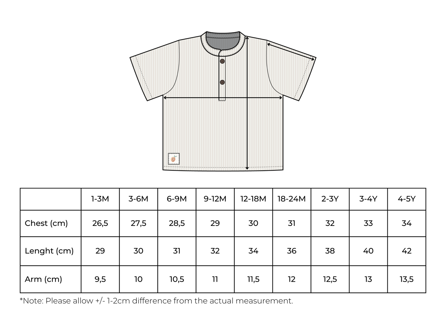 sizing white and brown striped cotton summer shirt for babies and kids