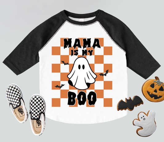 Get ready for Halloween fun with our "Mama Is My Boo Tee,". A playful ghost and orange checkered background on a baseball jersey tee for boys.&nbsp;