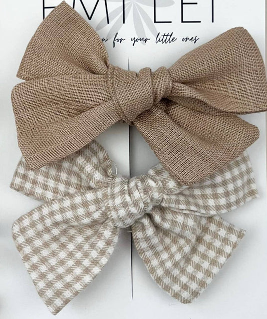 taupe and checkered fall alligator bow set for toddler and baby girls