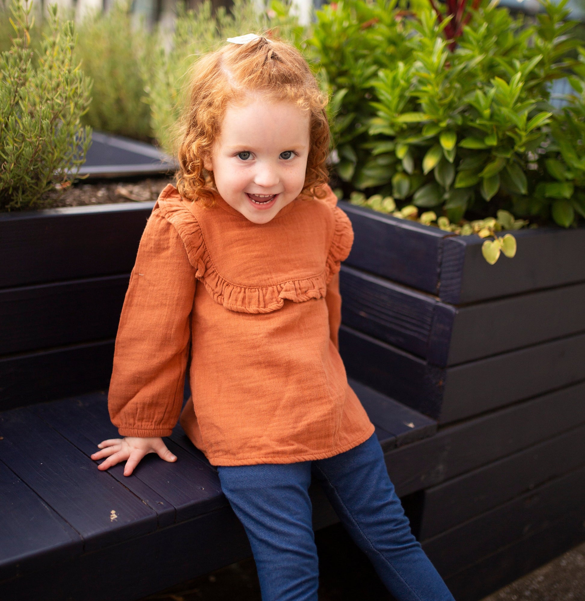 rust muslin cotton blouse with ruffle bib