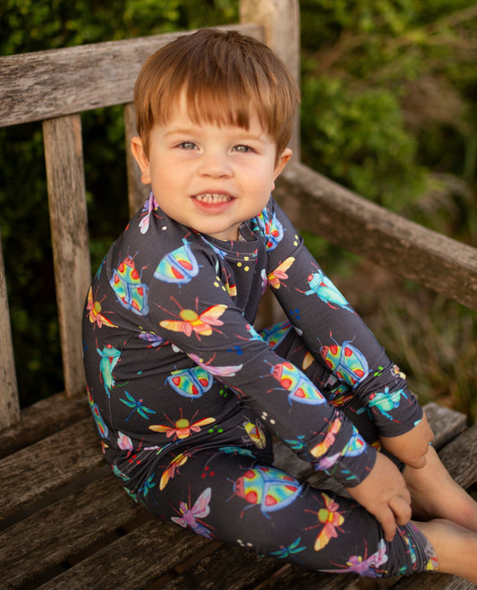 bamboo neon bugs two piece long sleeve pajama set