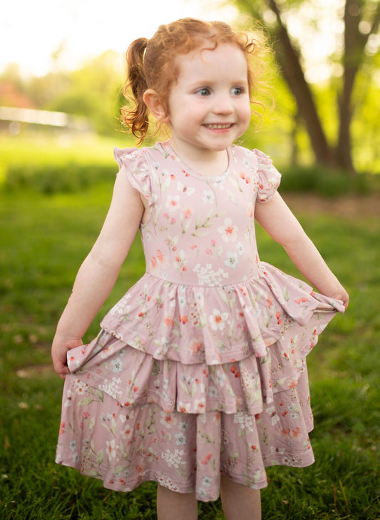 bamboo twirl baby girl and toddler dress with florals and bees