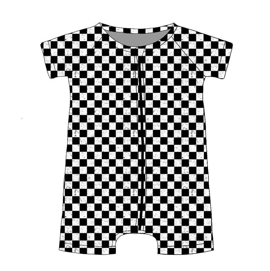black and white checkered shortie bamboo romper