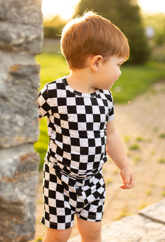 black and white checkered two piece bamboo summer short set 