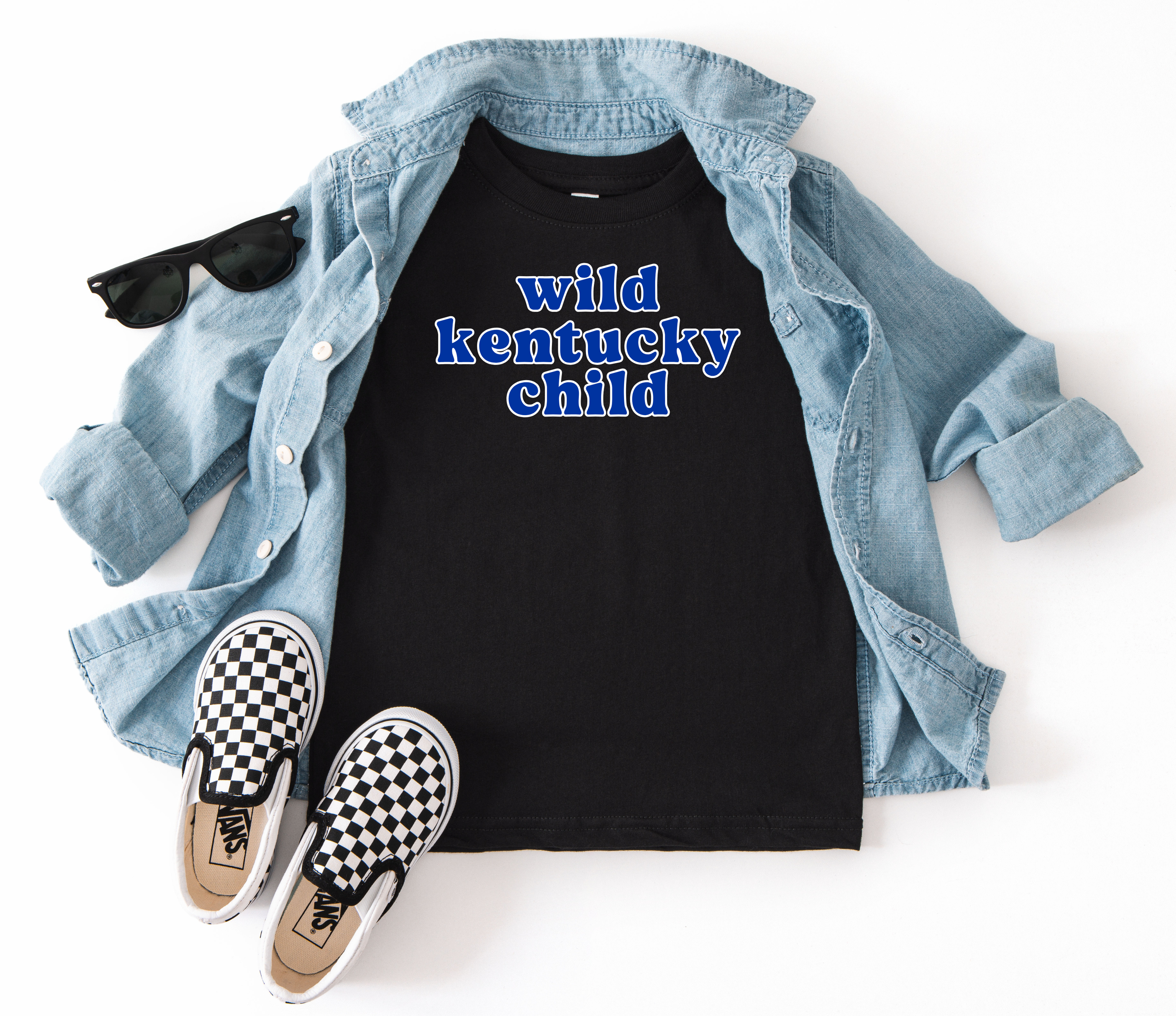 Black t-shirt with 'wild kentucky child' text, denim jacket, and checkered shoes on a white background