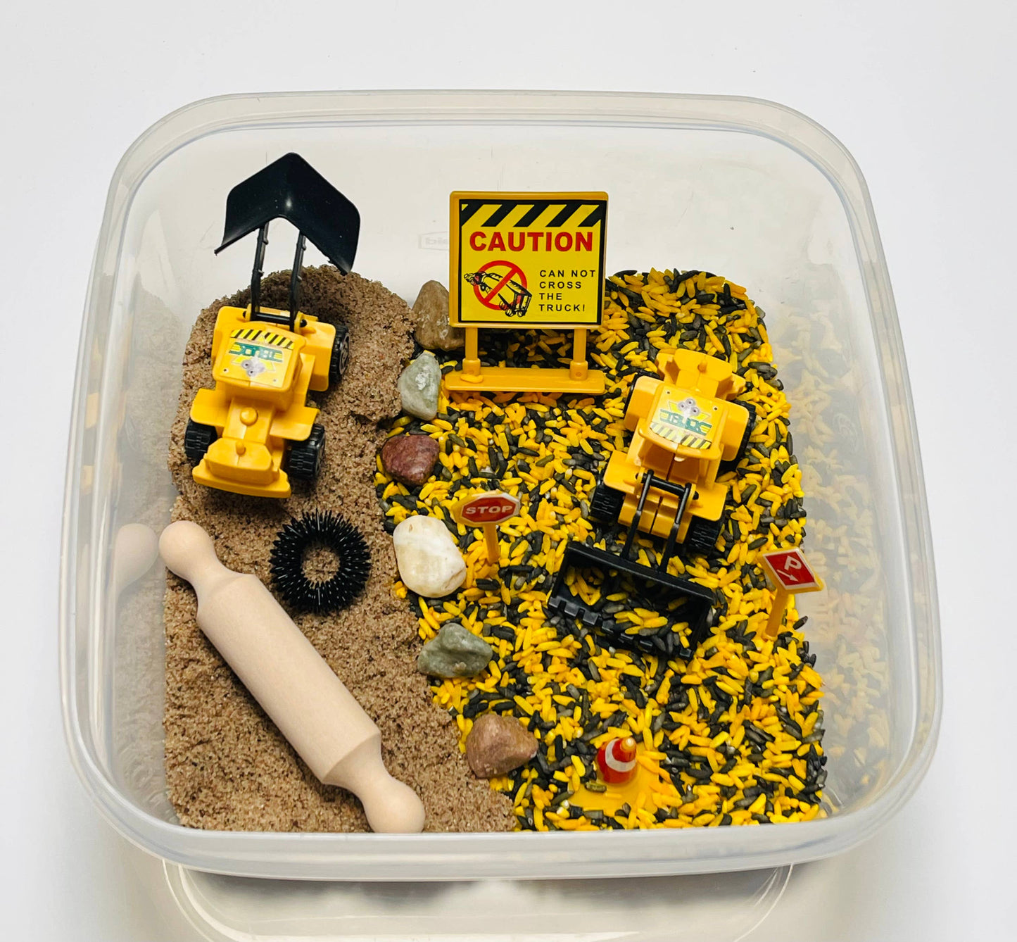 construction themed sensory sand and rice kit for toddlers