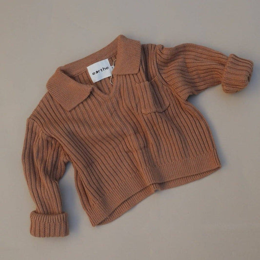 rust oversized comfy knit sweater with collar and front pocket