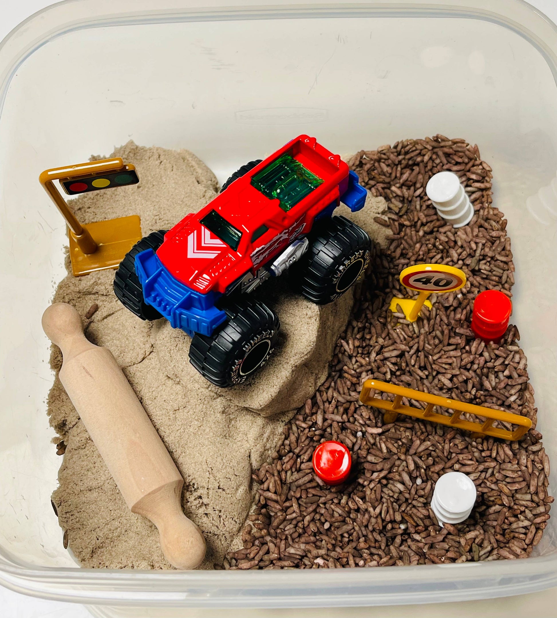 monster truck madness sensory sand and rice kit for toddlers 