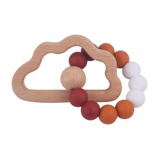 rust, orange, and white multicolored silicone teether with beechwood cloud