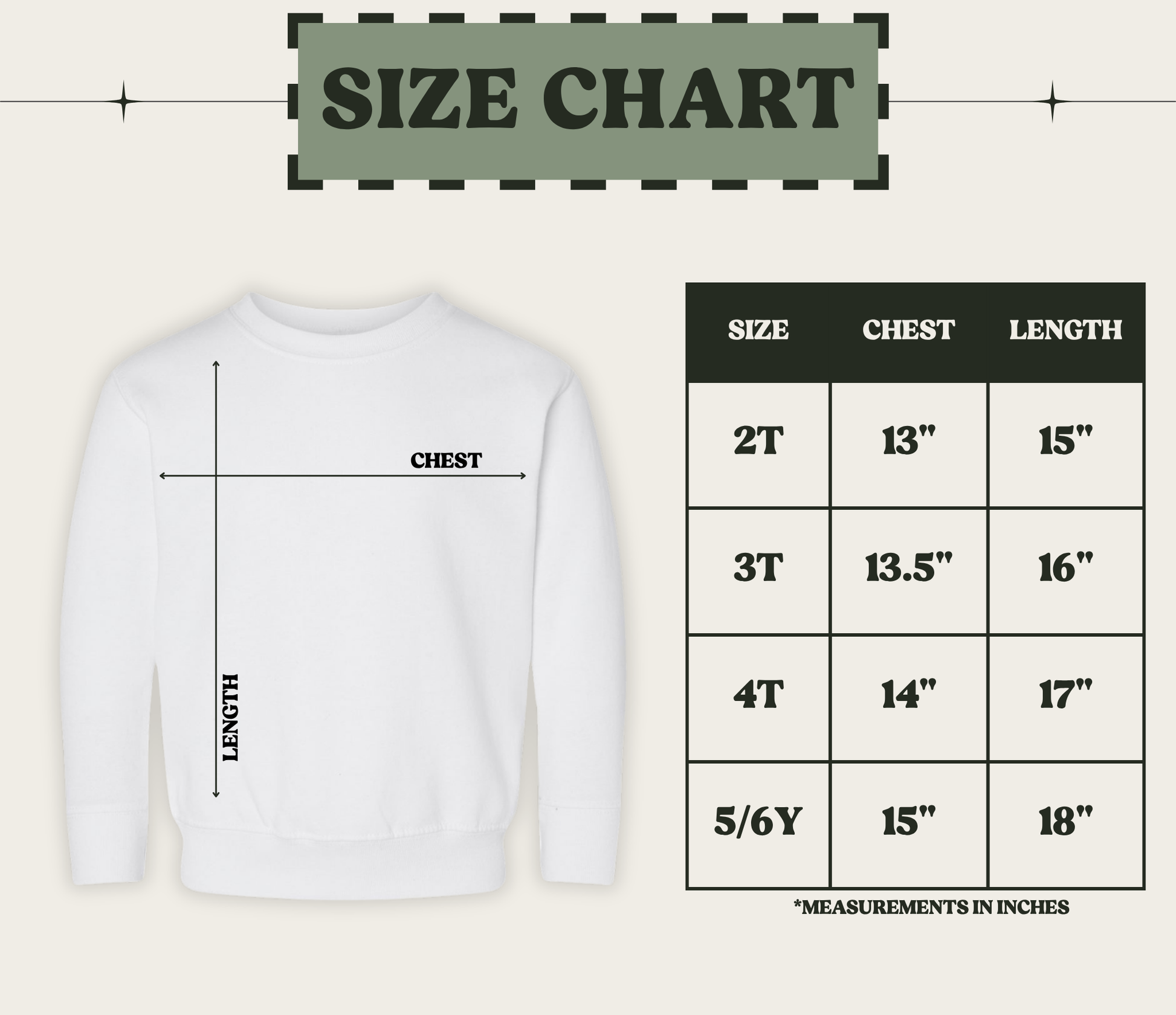 size chart for our Kentucky themed toddler crewneck 