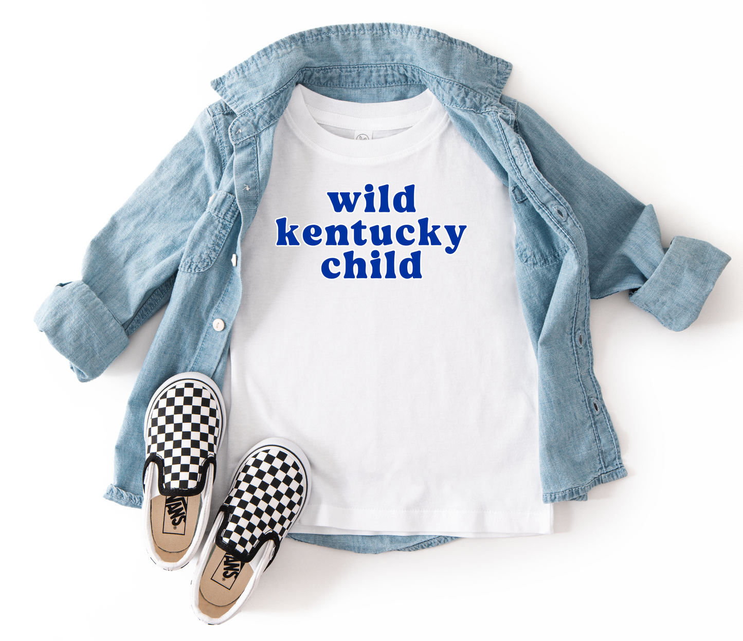 White t-shirt with 'wild kentucky child' text, denim jacket, and checkered shoes on a white background