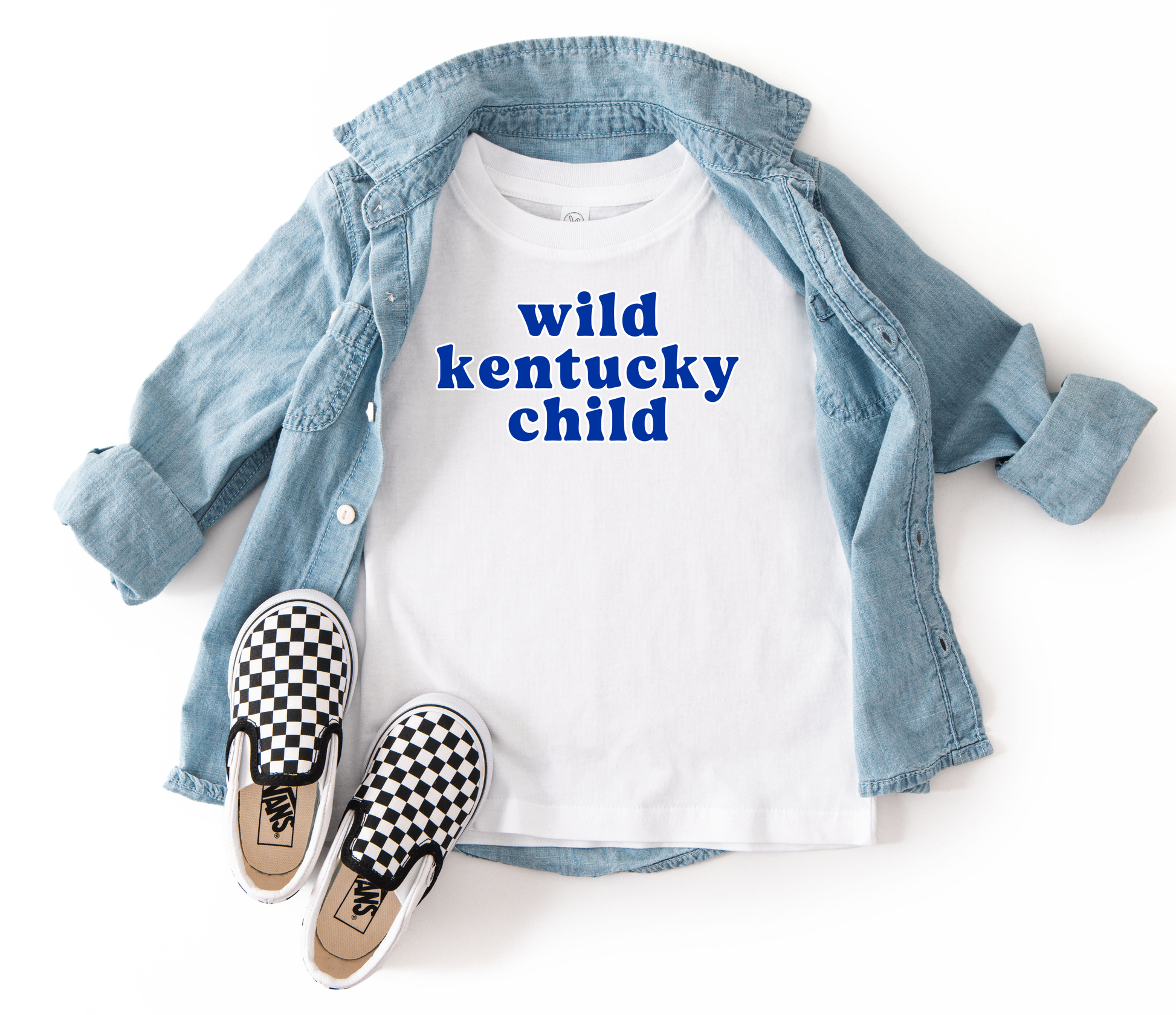 White t-shirt with 'wild kentucky child' text, denim jacket, and checkered shoes on a white background