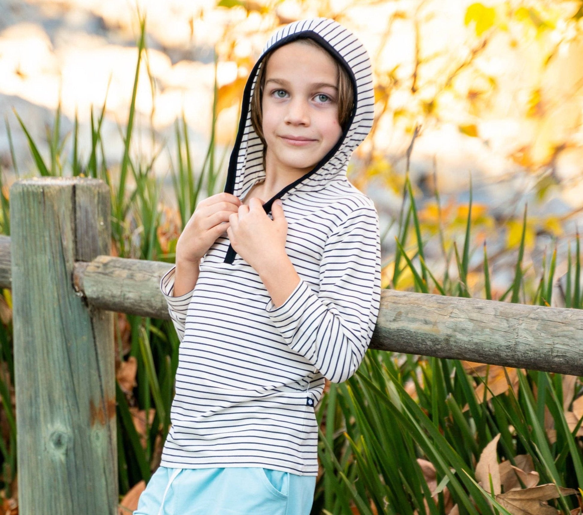 White Bamboo Hoodie with Black Stripes and Buttons