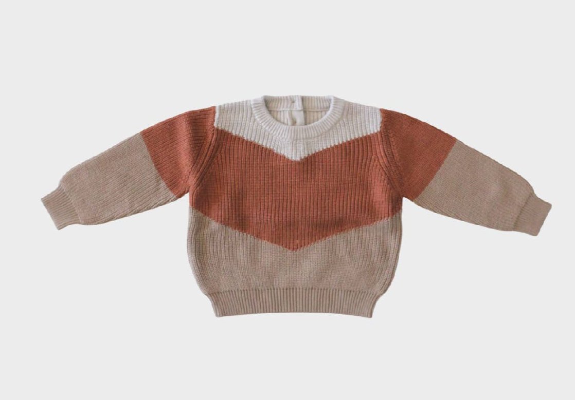 tricolor knit sweater in tan, rust, and ivory